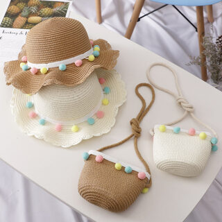Small Ball Solid Color Children Straw Hat Bag
