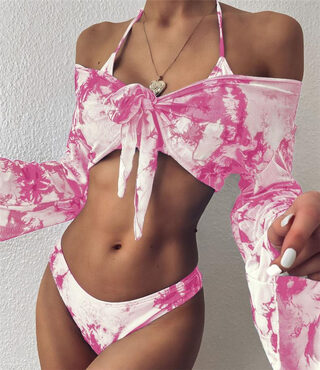 Long Sleeve Mesh Bikini Swimwear Women Three Pieces