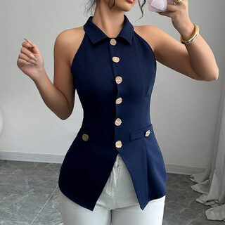 Women's Elegant Solid Sleeveless Vest - Button Front
