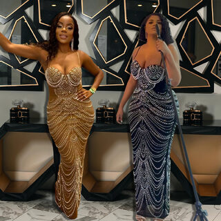 Sling Hot Drilling Foam Beads Evening Dress
