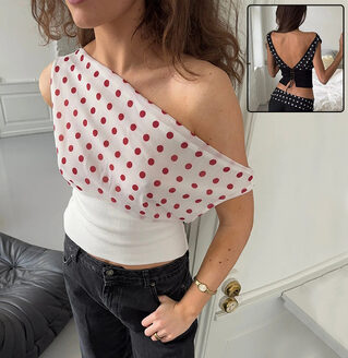 Polka Dots Print Oblique Shoulder Tops Summer Patchwork