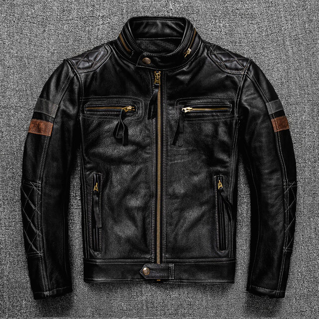 First Layer Cowhide Leather Coat Men's Stand Collar