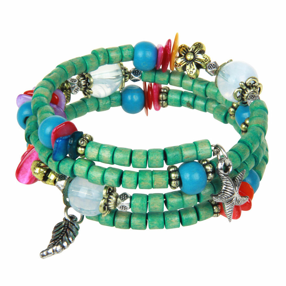 National vintage wooden bracelet of buddhist beads shell