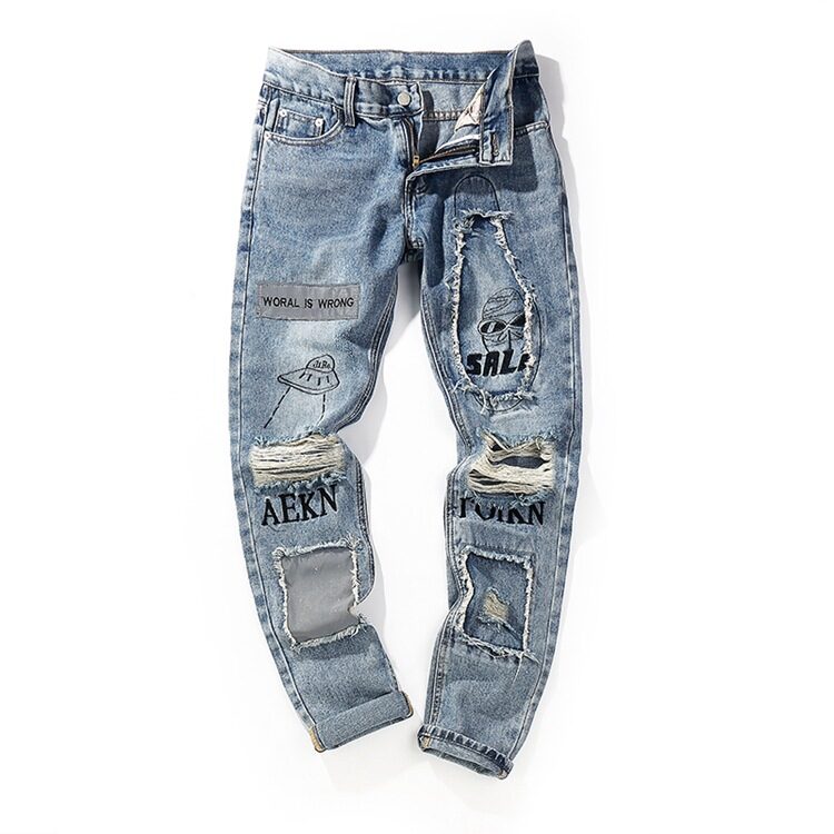 Knee hole patch cloth jeans men and women