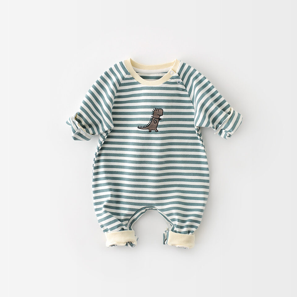 Male And Female Baby Cartoon Striped Dinosaur Embroidery