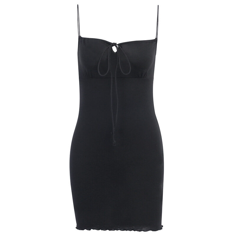 Black Cotton Front Bandage Sleeveless Spaghetti Strap Mini