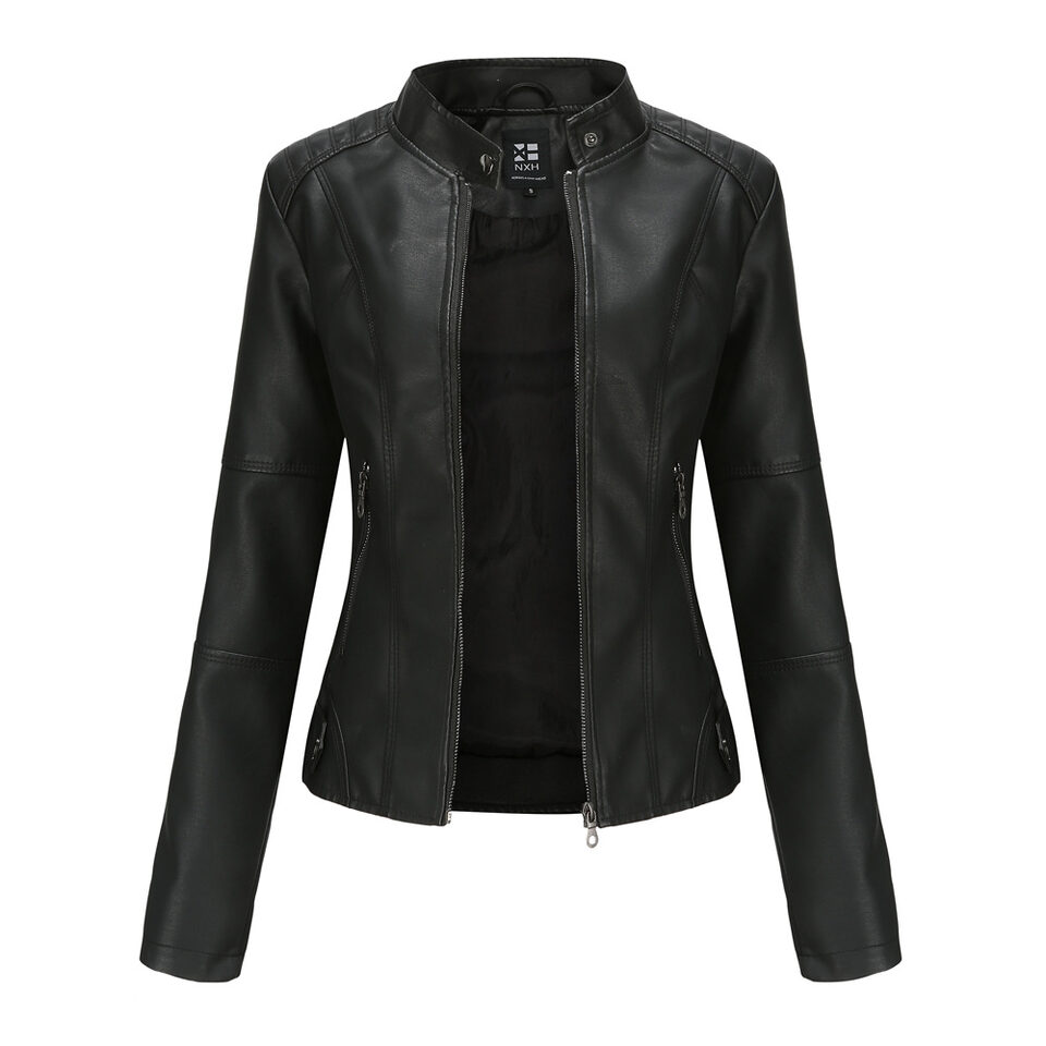 Women's Zip-up Leather Jackets Fashion Solid Color Pockets
