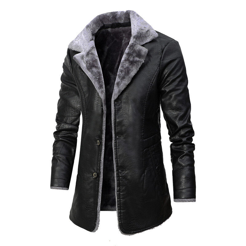 Plush Lapel Leather Jacket Winter Warm Fleece Single-breasted