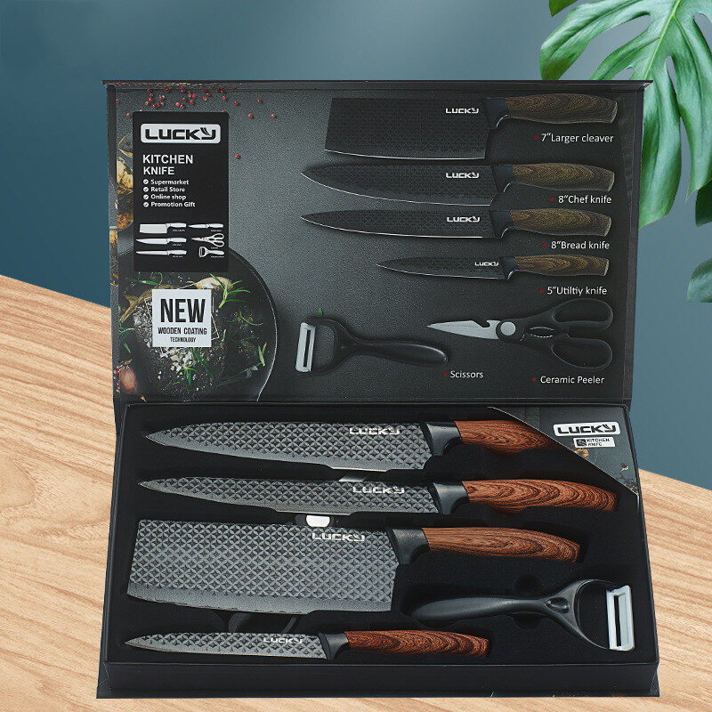 Six-Piece Set Of Stainless Steel Knives With Wooden