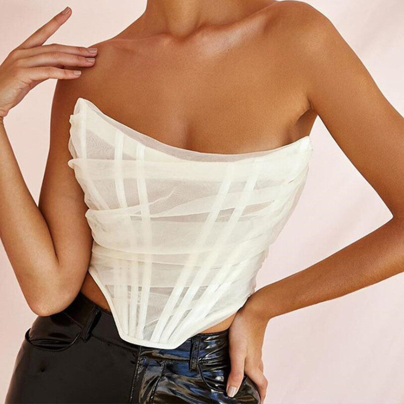 Fish Bone Net Gauze Corset Vest Pure Color