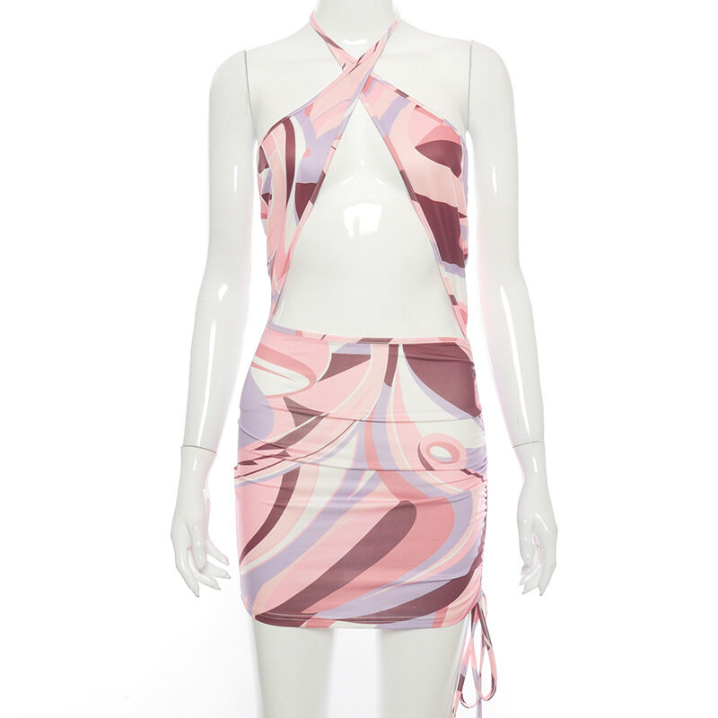 European And American Summer Printed Halterneck Cross Dress