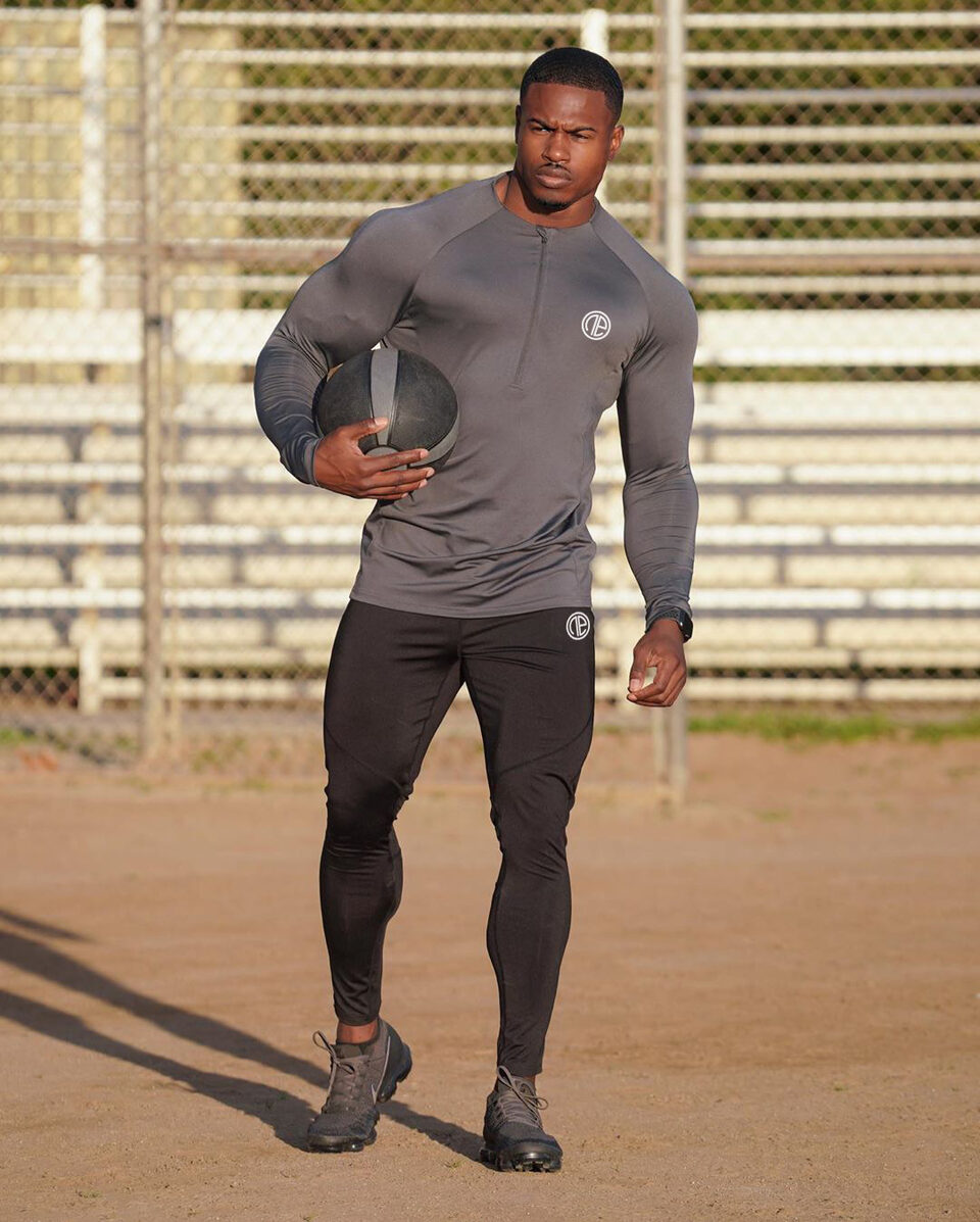 Zipper Neck Fitness Shirts Men Black Long Sleeve