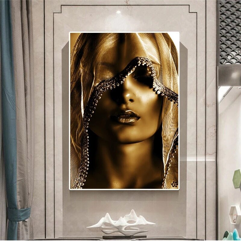 Modern Golden Noble Veil Women Canvas Paintings Nordic
