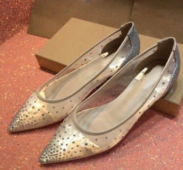 Mesh Rhinestone Transparent Women's Single Shoes Pointed High
