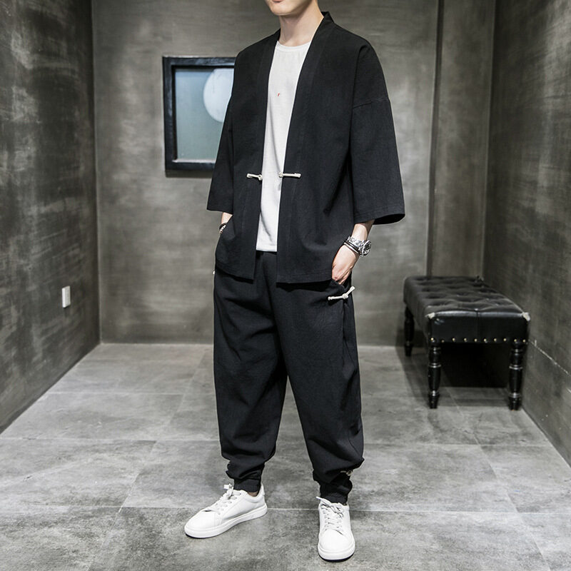 Chinese Style Linen Suit Men's Summer Three-Quarter Sleeves