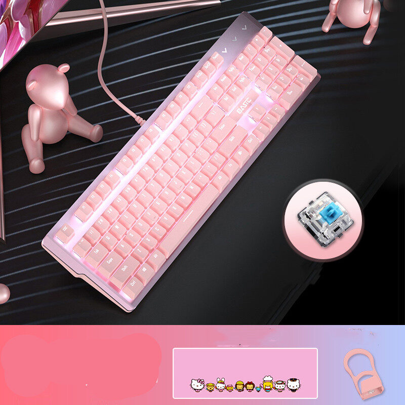Pink Real Mechanical Keyboard And Mouse Set Girls