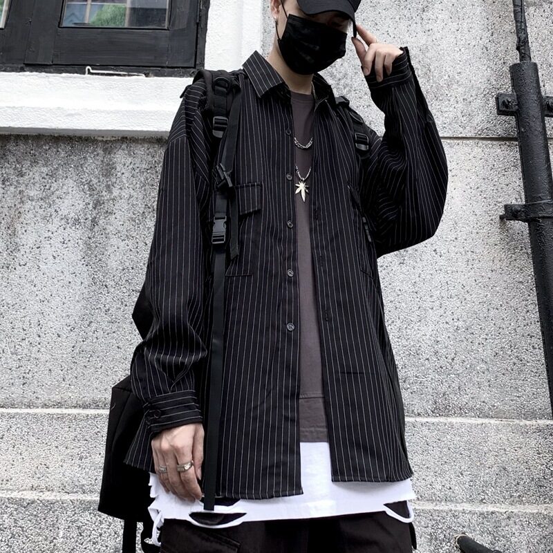 Retro Wild Striped Black Long sleeved Shirt Loose