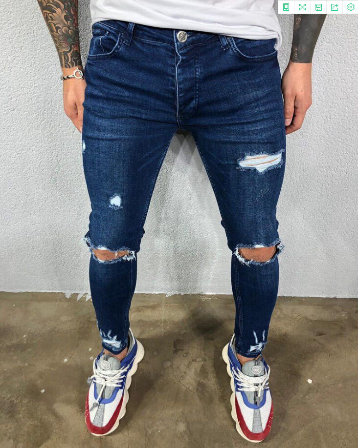 Men Jeans Black Blue Cool Skinny Knee Hole