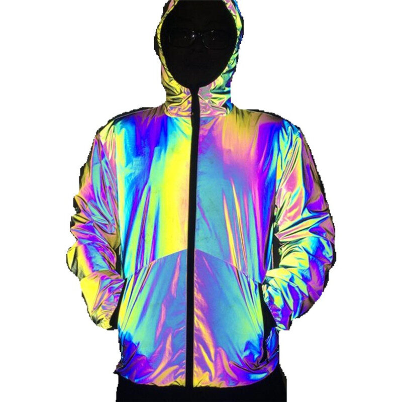 Men Reflective Hooded Jacket Casual Night Colorful Windbreaker