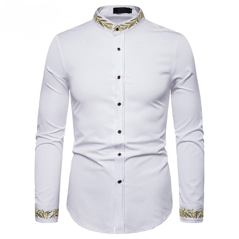 Gold Embroidery White Shirt Men Stand Collar Mens