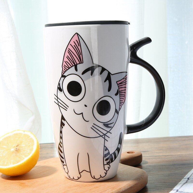 Cute Cat Ceramics Coffee Mug With Lid Large