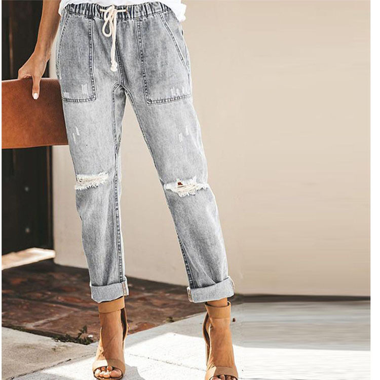 Straight Ripped Jeans For Women Drawstring Trousers