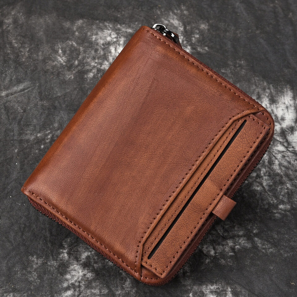 Men'S Short Head Leather Wallet Retro Vertical Zipper