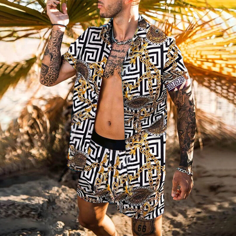 Summer Men Hawaiian Sets Printed Breathable Lapel Short