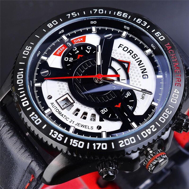 Analog Multifuncional Sport Automatic Wristwatch Leather Belt Military