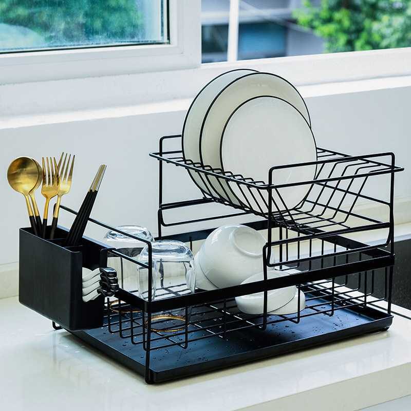 sink draining double tier metal wire kitchen dish