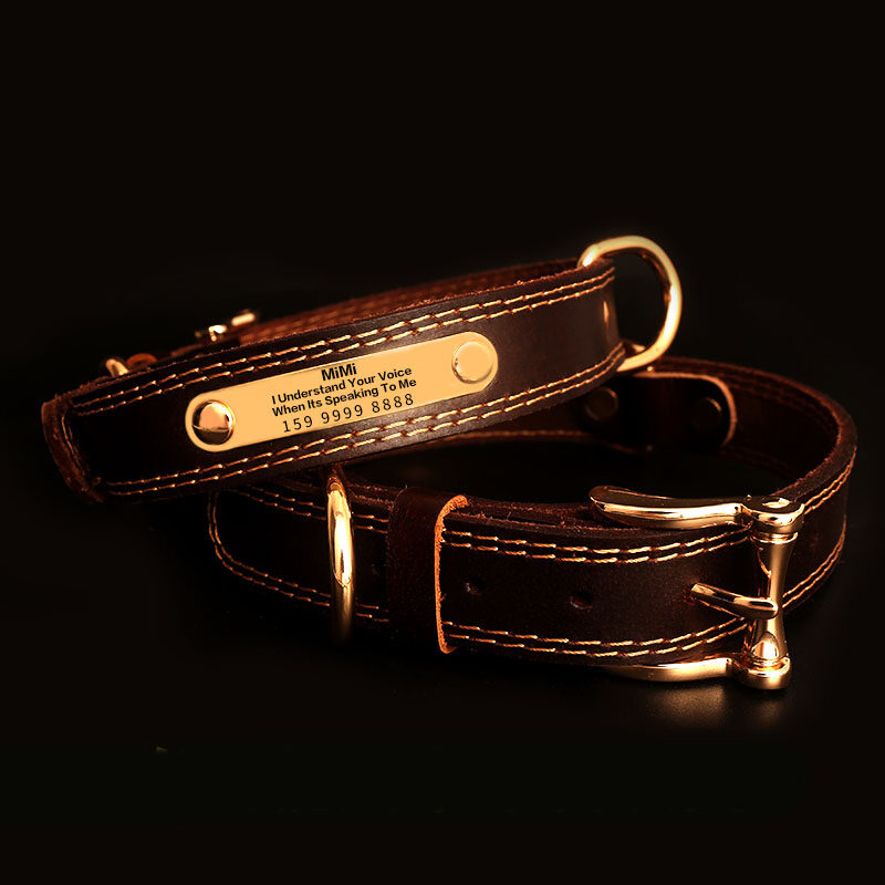 Genuine Leather Dog Collars with Engraved Nameplate