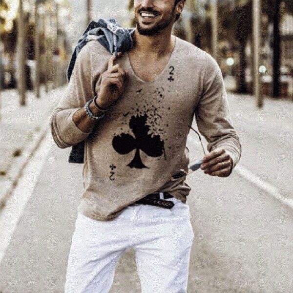 Elastic Mens T-Shirt V-Neck Long Sleeve Men T