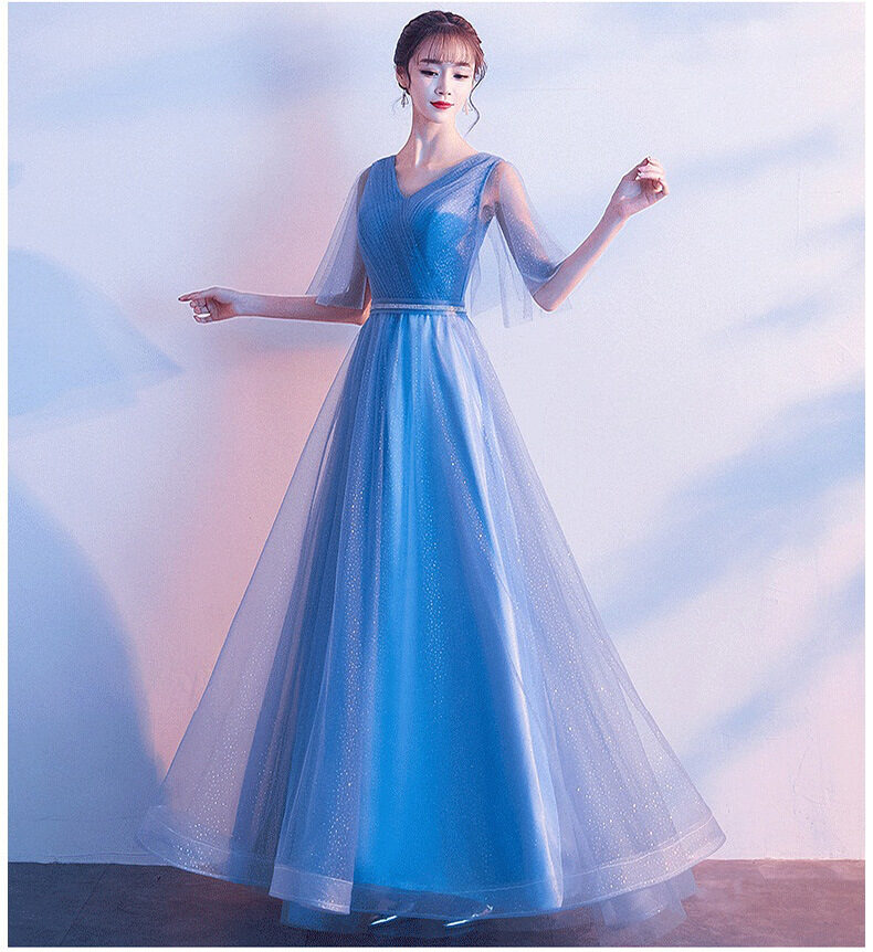 Beauty-Emily Tulle V Neck Ruffle Evening Dresses Long