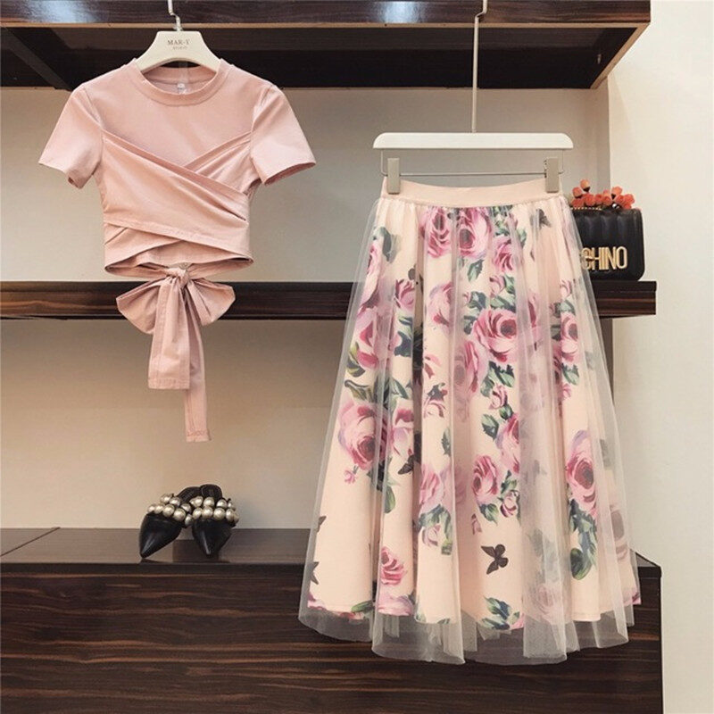 Women Irregular T Shirt Mesh Skirts Suits Tops