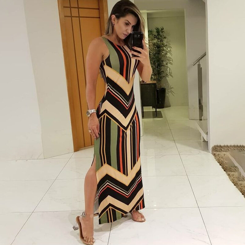 Colorful Striped Print Side Slit Maxi Dress Women