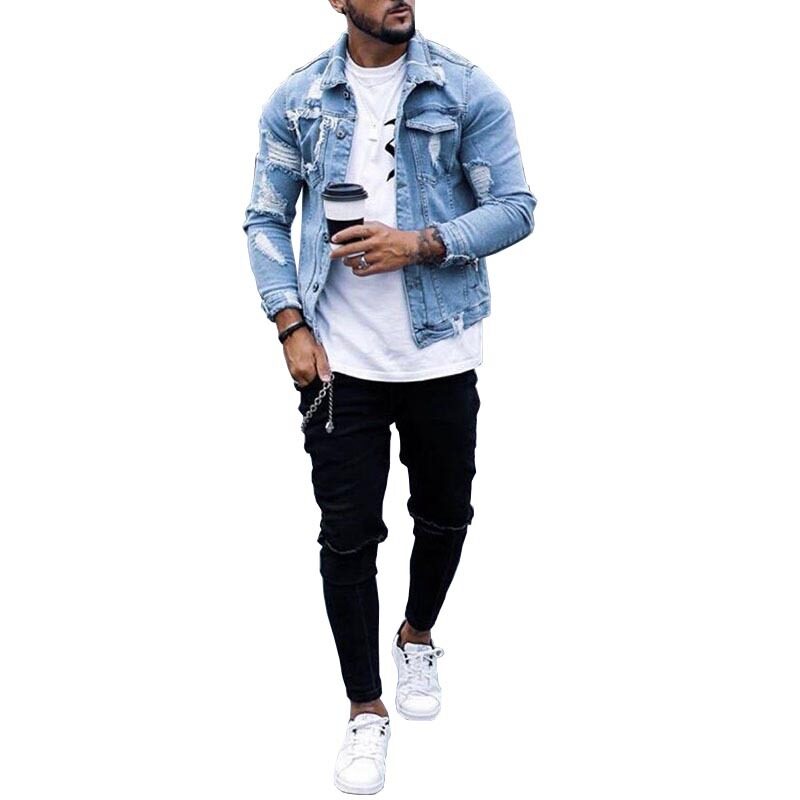 Lapel Men's Denim Jacket Ripped Irregular Washed