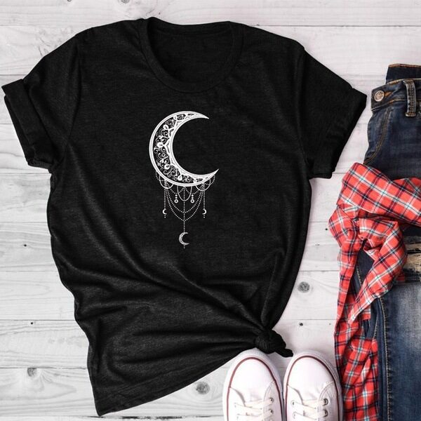 Sun Moon Women Tshirt O-neck T Shirt Cotton