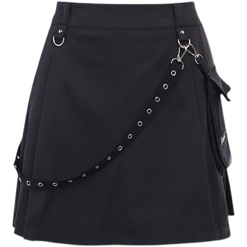 InstaHot Black Pockets High Waist Skirts Strap Zipper