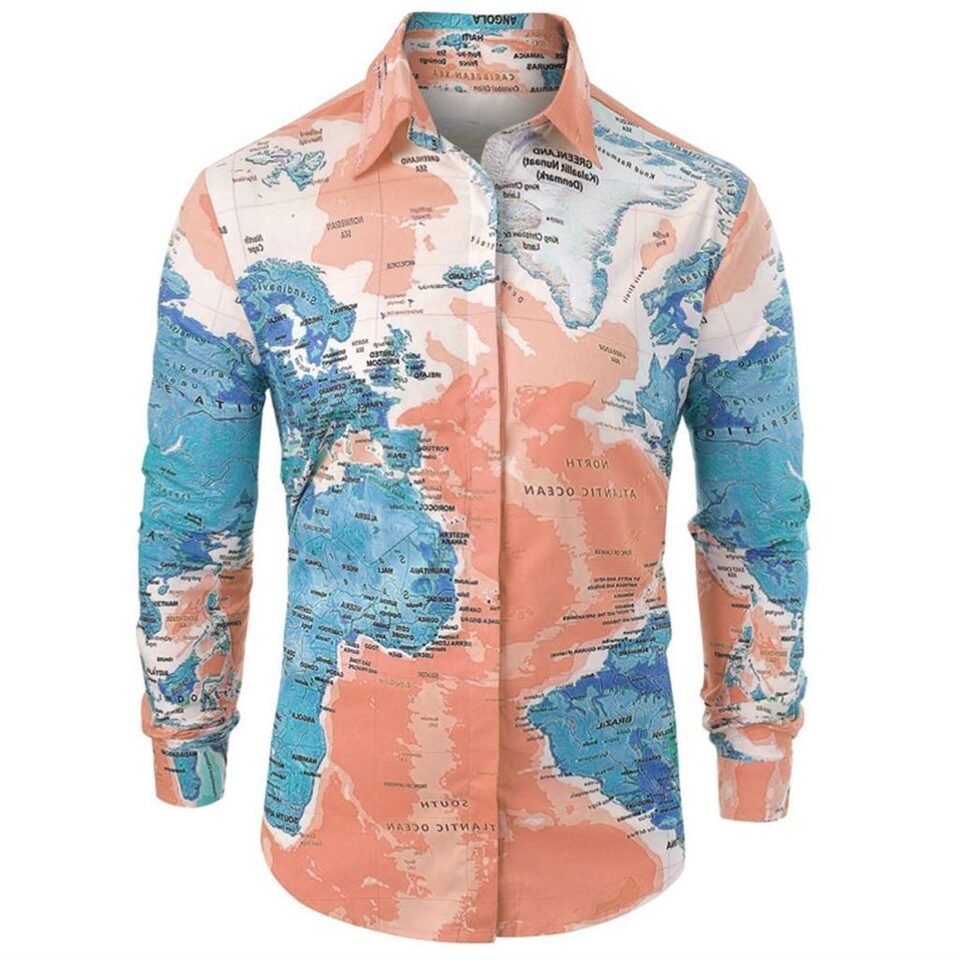 Men Shirt World Map Print HiddenG Button Slim