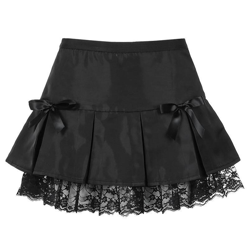 Black Goth Aesthetic Pleated Skirts Women Lace Trim