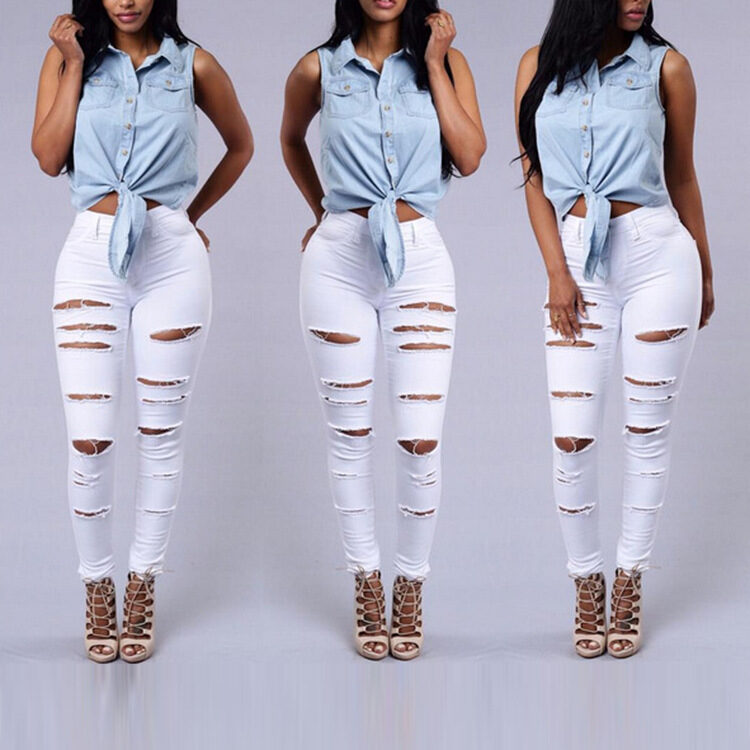 Women Casual Hole Jeans High Waist Skinny Pant