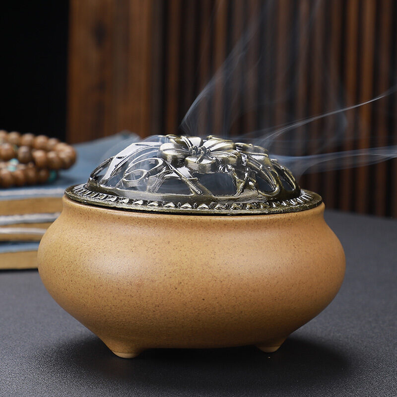 Copper Lid Ceramic Incense Burner Buddha with Antique