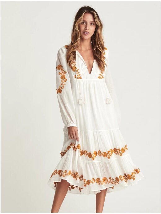 V-neck Embroidered Loose Dress Long Skirt