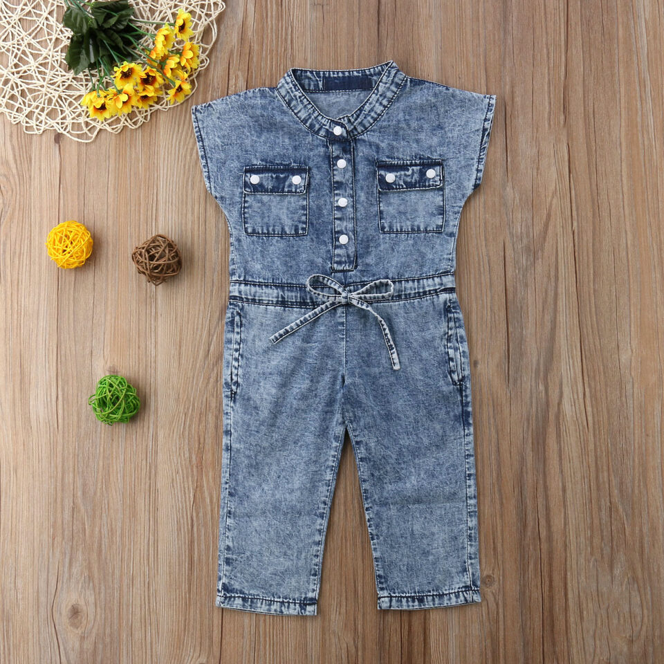 Short-Sleeved Girls Denim Jumpsuit For Kids In Summer