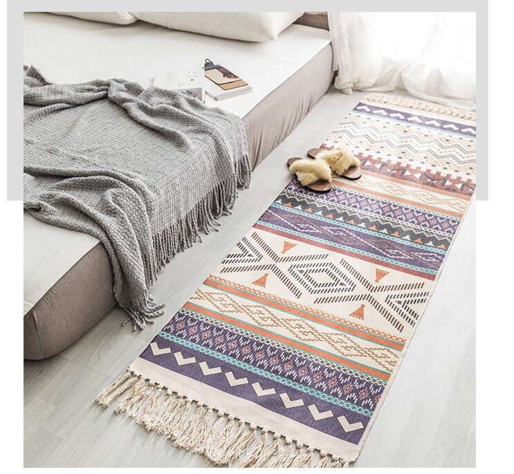 Hand Woven Cotton Linen Bohemian Rug Long Geometric