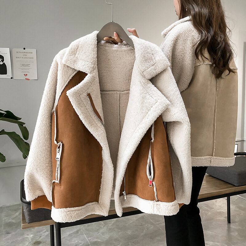 Suede Jacket Women Short Lamb Velvet Motorcycle