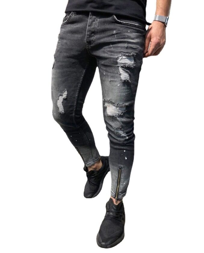 The New Fashion Ripped Youth Clothes Zipper ElasticFeet Js Men