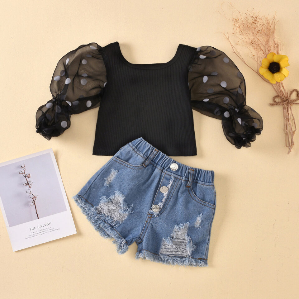 Children'S Clothing Cotton Dot Mesh Sleeves Striped Top