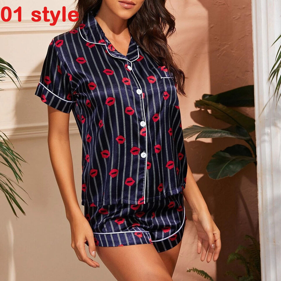 Summer Satin Women Pajams Print V-Neck Stretch Lingerie