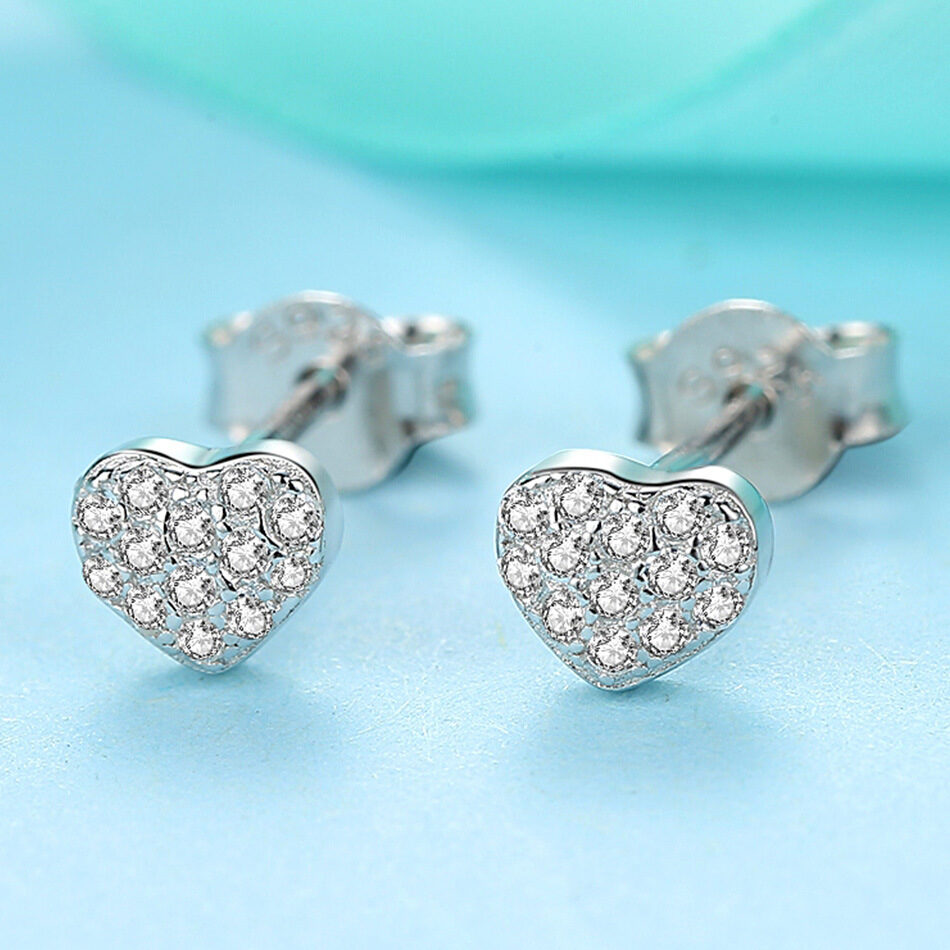 Sterling Silver Heart-Shaped Earrings S925 Zircon